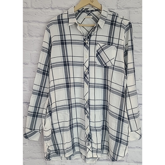 Barbour Fairway Shirt Tunic Women's 12 Blue Black White Plaid Pockets Button Up - Picture 1 of 8